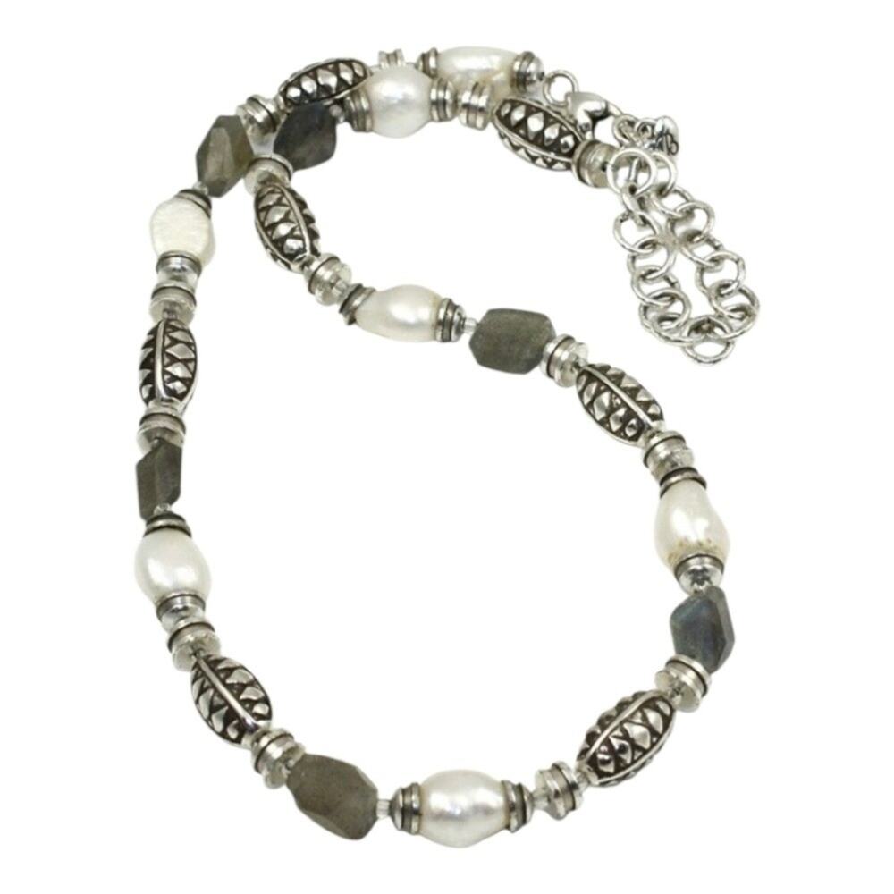 Brighton FREE SPIRIT Bead Pearl Grey White Silver Plated Necklace‎